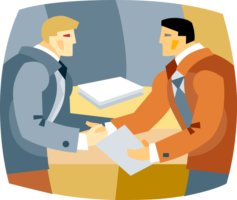 Vector Illustration of Businessmen Shaking Hands in Agreement Make Deal with Documents