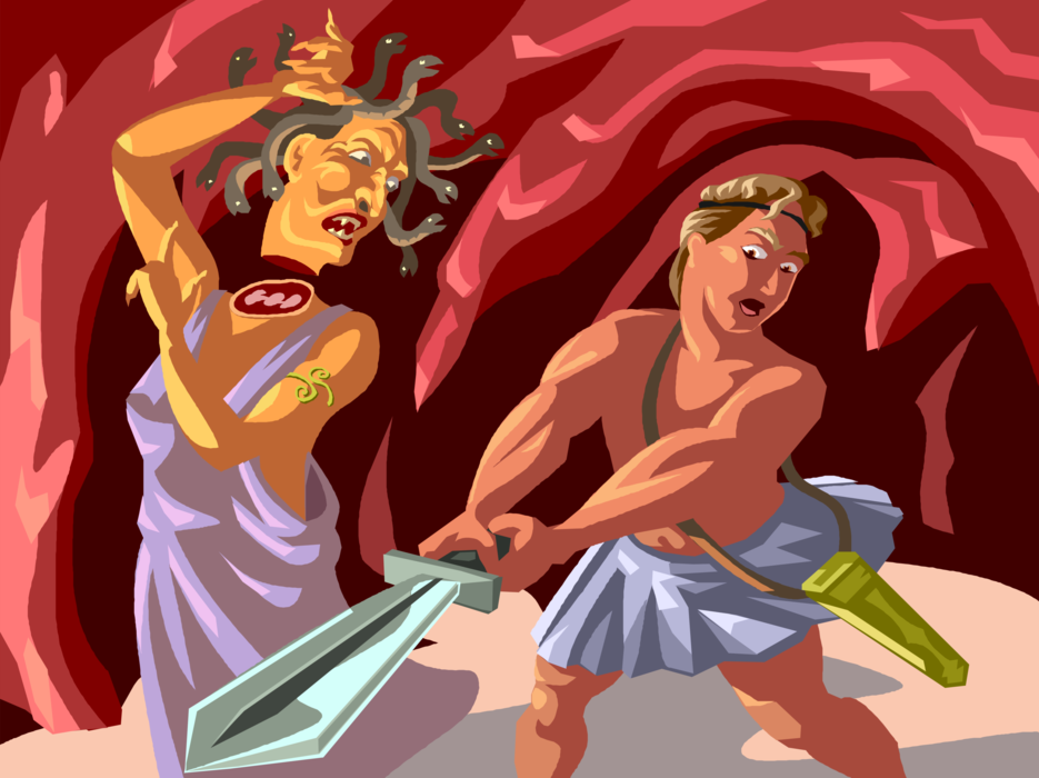 Vector Illustration of Greek Mythology Medusa with Hideous Face Slain and Beheaded by Hero Perseus