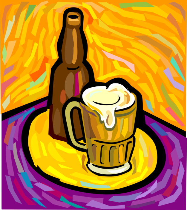 Vector Illustration of Beer Fermented Malt Barley Alcohol Beverage Glass Mug and Bottle