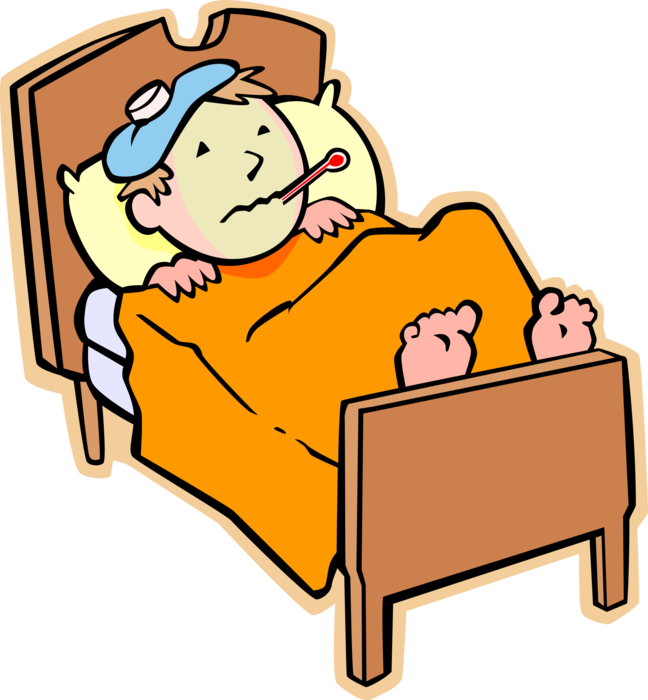 Vector Illustration of Primary or Elementary School Student Boy Sick in Bed with Thermometer Has the Flu