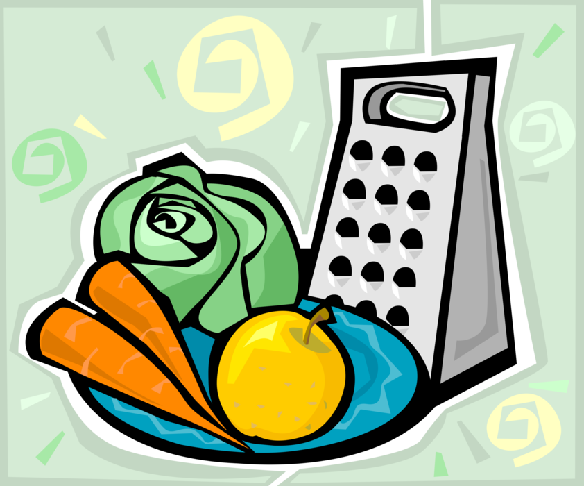 Vector Illustration of Food Grater, Lettuce, Garden Vegetable Carrot, Apple
