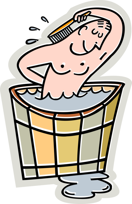 Vector Illustration of Taking Bath in Large Wash Tub with Scrub Brush