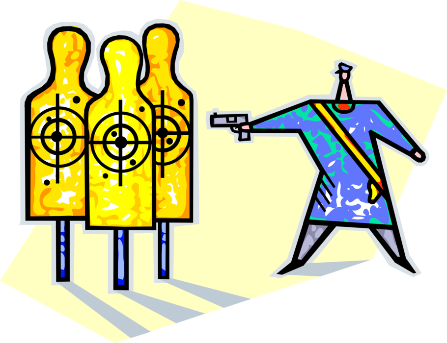 Vector Illustration of Target Practice Policeman Police Office Fires Handgun at Bullseye or Bull's-Eye Targets