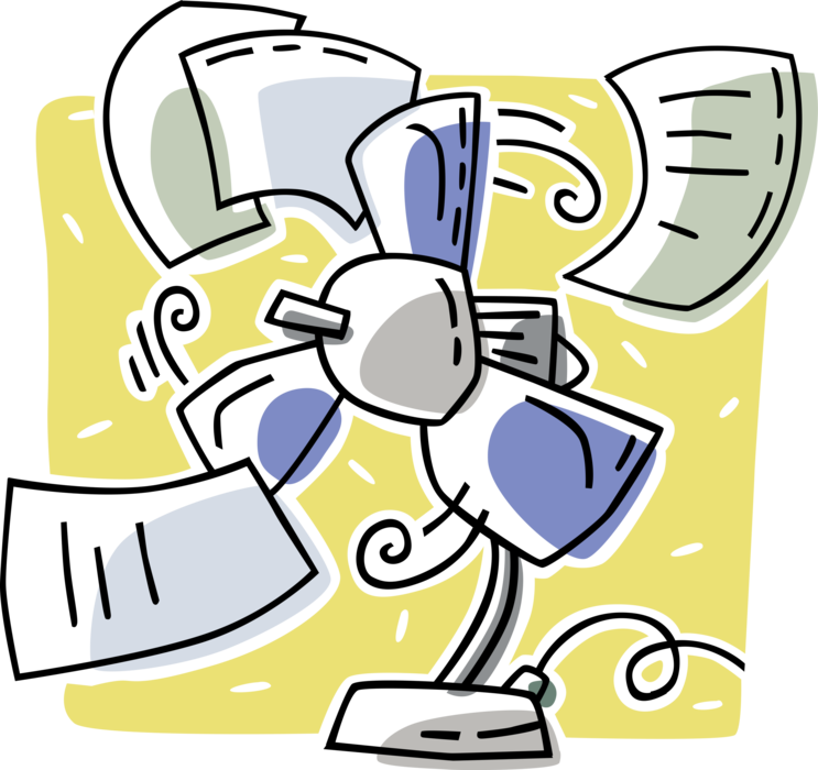 Vector Illustration of Electric Fan Blowing Papers and Documents
