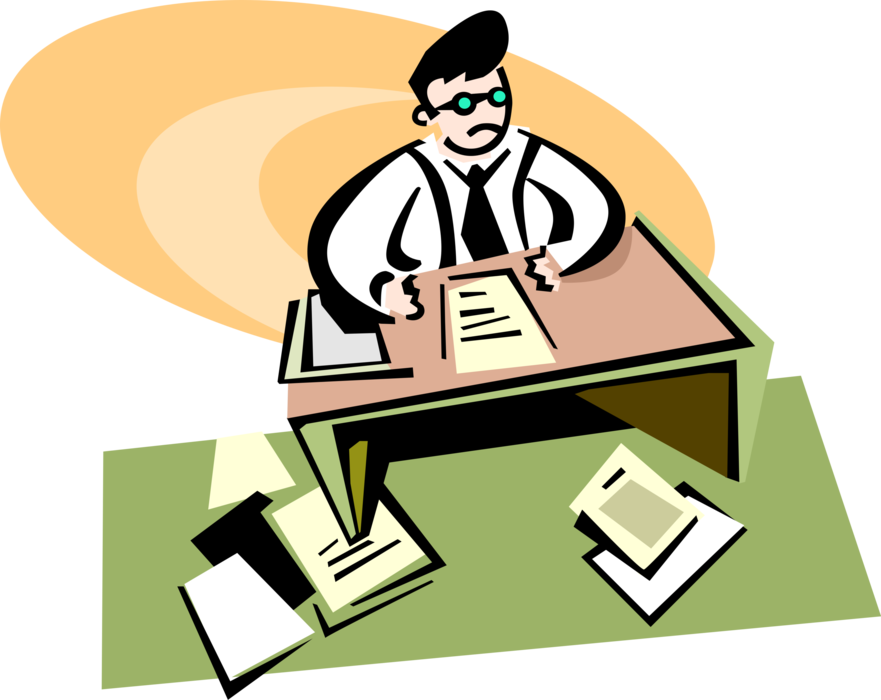 Vector Illustration of Businessman Sitting at Office Desk Doing Paperwork