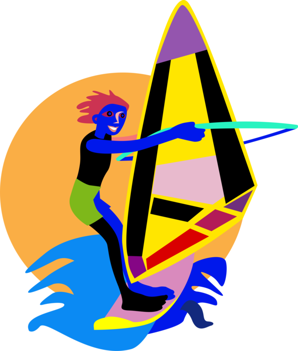 Vector Illustration of Windsurfing Windsurfer Powered by Wind on Sailboard