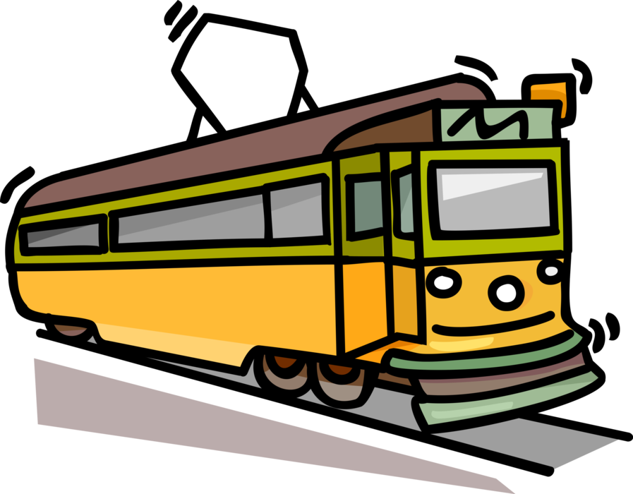 Vector Illustration of Electric Streetcar Tram Trolley Runs on Tracks Along Public Urban Streets