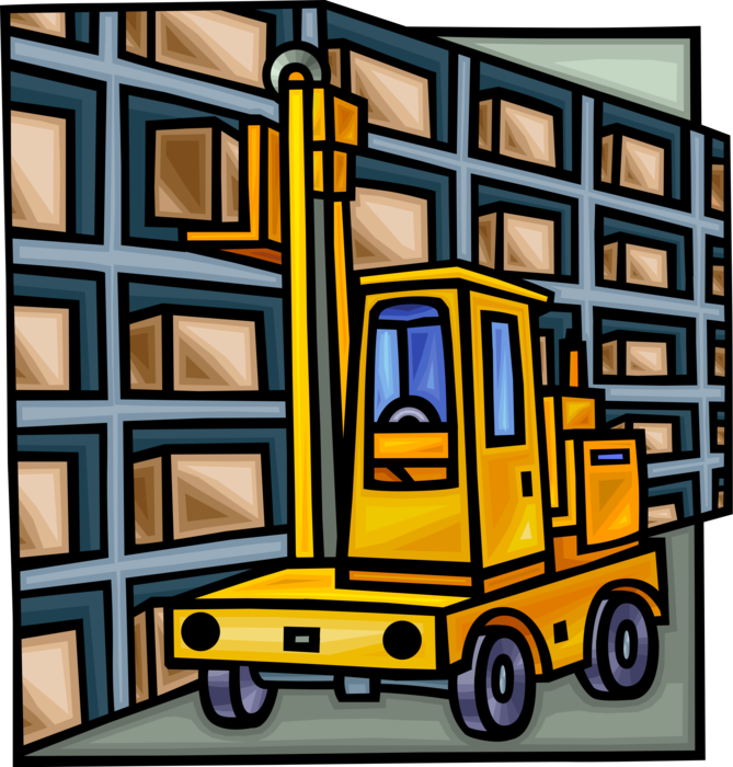 Vector Illustration of Forklift Heavy Industrial Equipment Lifts Shipping Boxes in Warehouse