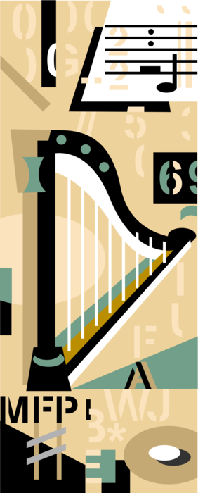 Vector Illustration of Classical Music Harp Stringed Instrument with Notation