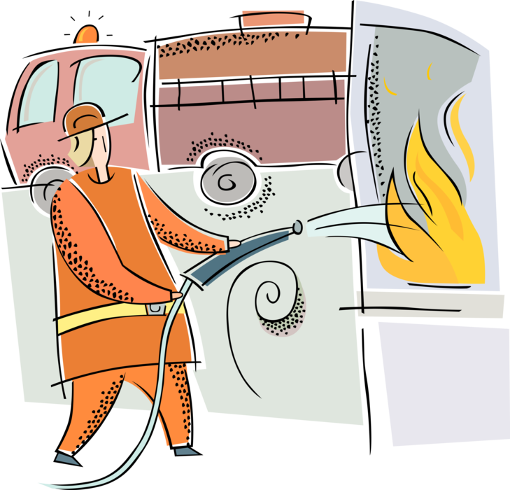 Vector Illustration of Firefighter Fireman with Fire Engine Fights Fire with Hose and Water
