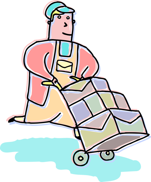 Vector Illustration of Overnight Courier Delivers Shipping Packages and Boxes on Handcart Dolly or Hand Truck