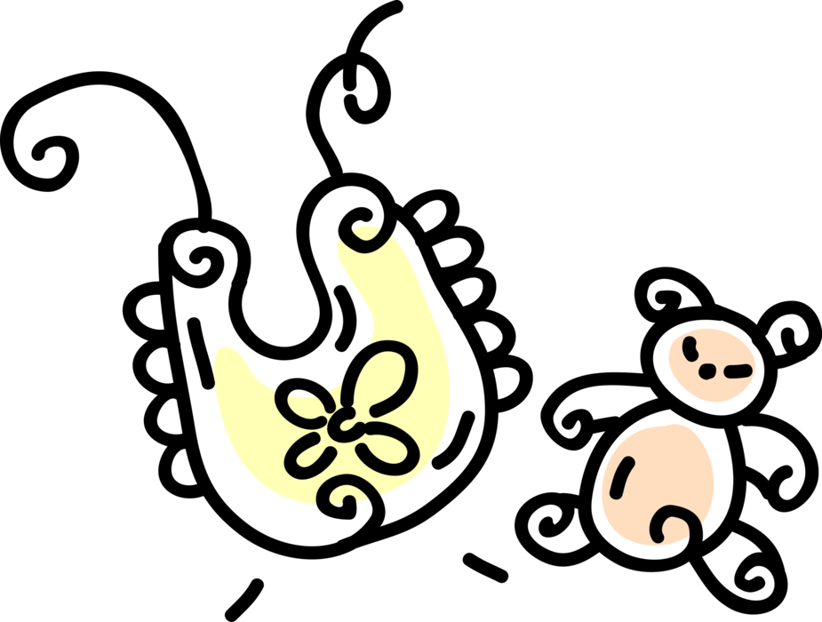 Vector Illustration of Newborn Infant Baby Bib and Stuffed Animal