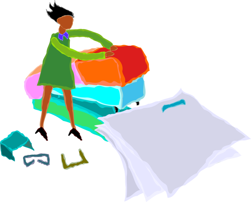 Vector Illustration of Woman Stapling Office Document Papers Together with Stapler