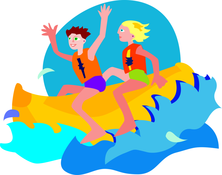 Vector Illustration of Vacation Resort Couple Riding Banana Boat Inflatable Craft Towed by Speedboat