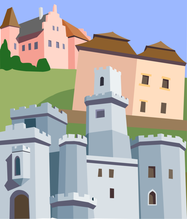 Vector Illustration of Castle and Gardens Hluboka in South Bohemia, Moated Castle Cervena Lhota, Czech Republic