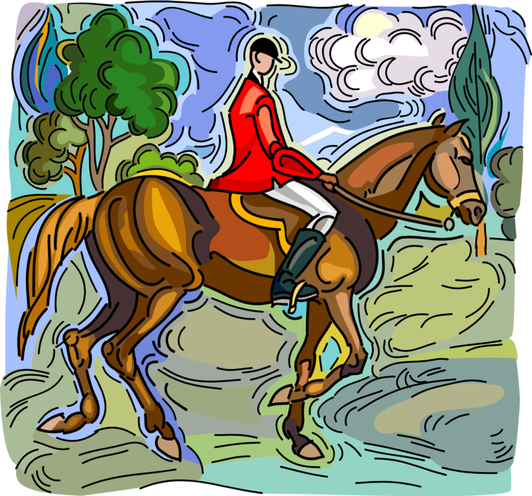 Vector Illustration of Equestrian Rides Horse in Fox Hunt