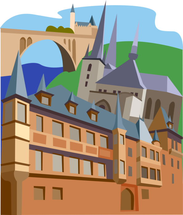 Vector Illustration of Notre-Dame Cathedral, Adolphe Bridge, Grand Duchy of Luxembourg, Germany