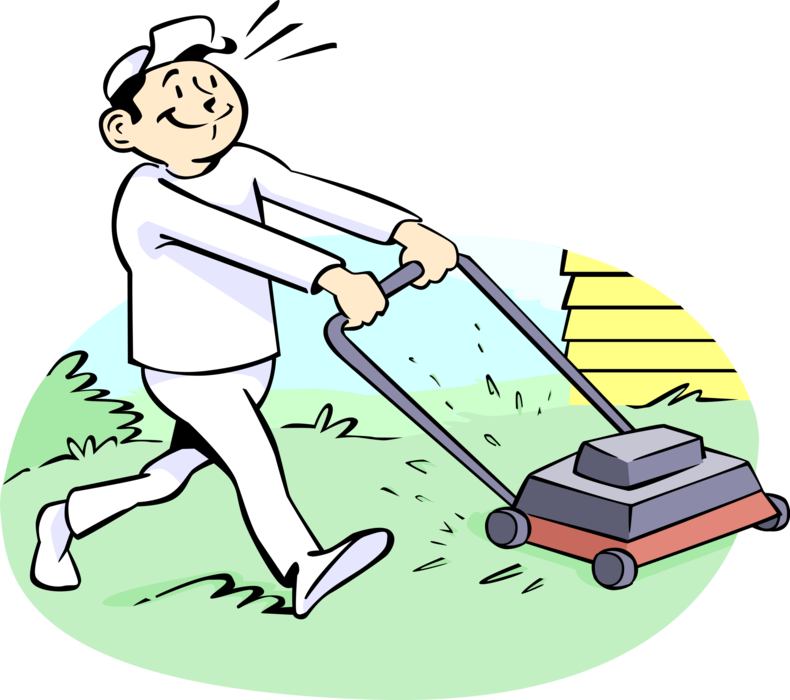 Vector Illustration of Lawn Care Specialist Cuts the Grass with Yard Work Lawn Mower