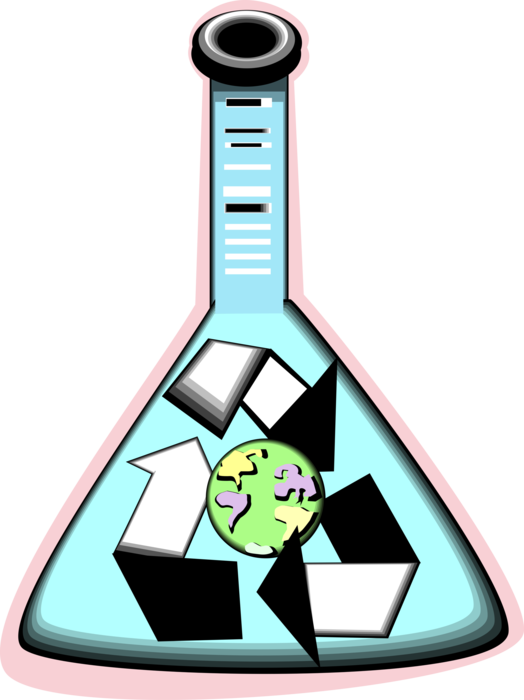 Vector Illustration of Planet Earth in Science Glassware Laboratory Flask with Recycle Symbol