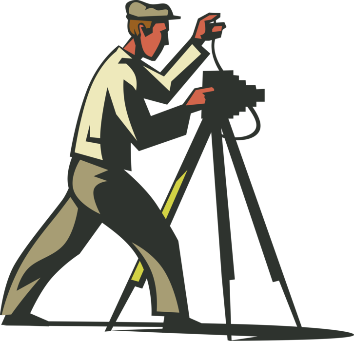 Vector Illustration of Photographer Takes Photograph with Photographic Camera on Tripod