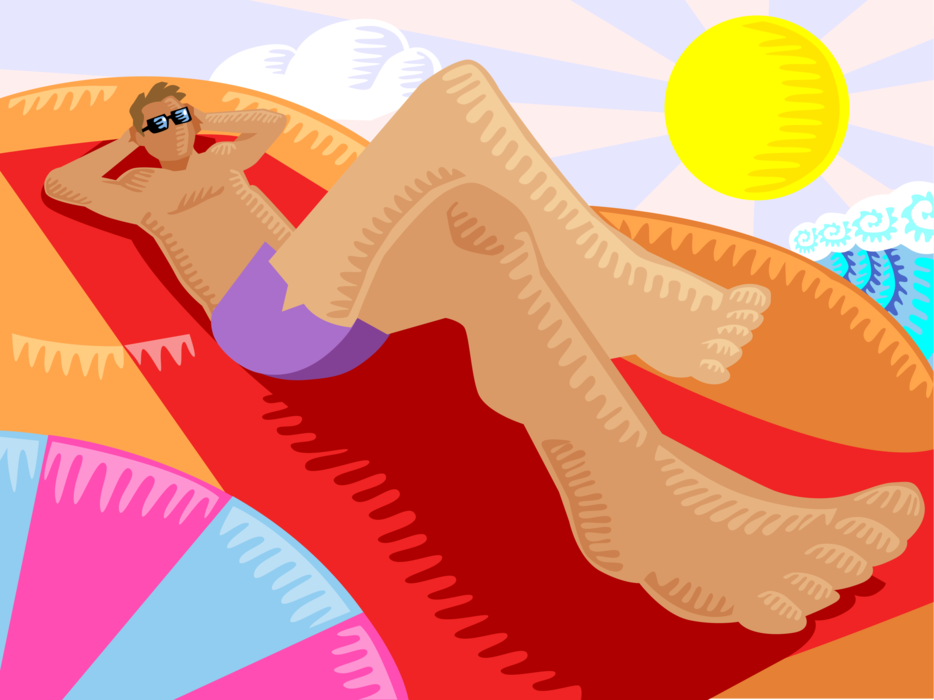 Vector Illustration of Catching Some Rays Sun Tanning on Beach in Summer