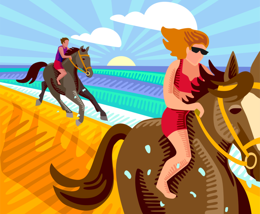 Vector Illustration of Couple Riding Horses on Beach in Summer Sun