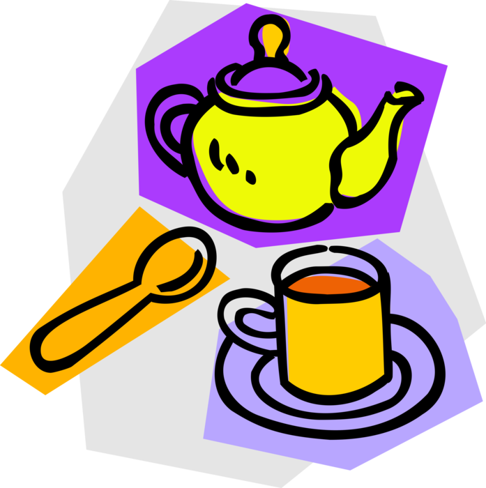 Vector Illustration of Teapot with Spout and Handle for Steeping Tea with Teacup Cup and Spoon
