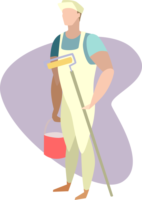 Vector Illustration of Home Renovation and Decoration Handyman Painter with Paint Can and Paintbrush Roller