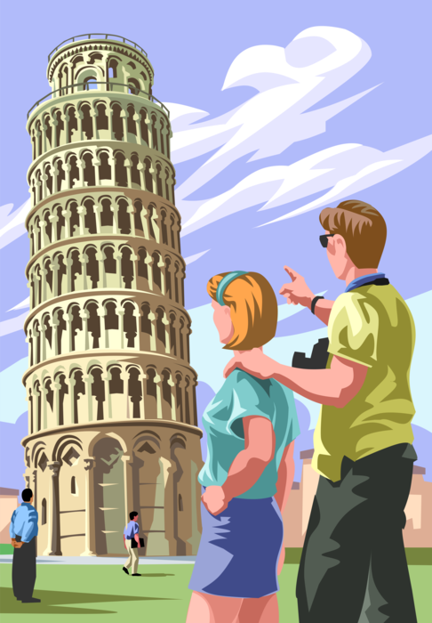 Vector Illustration of Tourists Visit Leaning Tower of Pisa, Italy