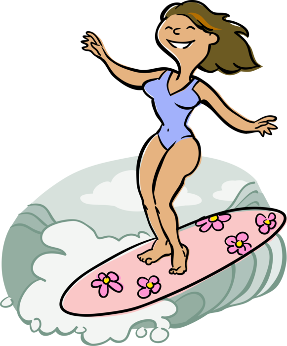 Vector Illustration of Surfer Surfing Ocean Surf Waves on Surfboard