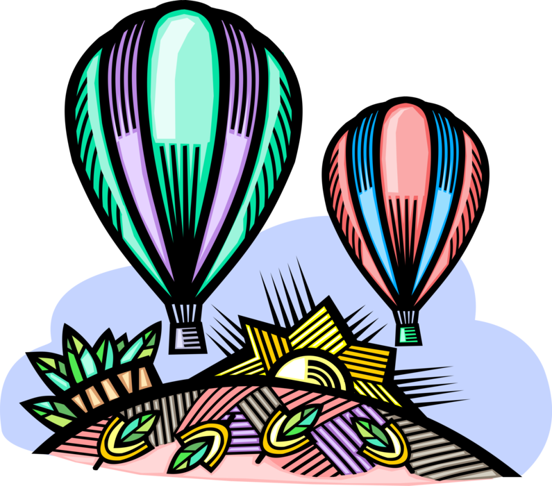 Vector Illustration of Hot Air Balloon with Gondola Wicker Basket Carry Passengers Aloft