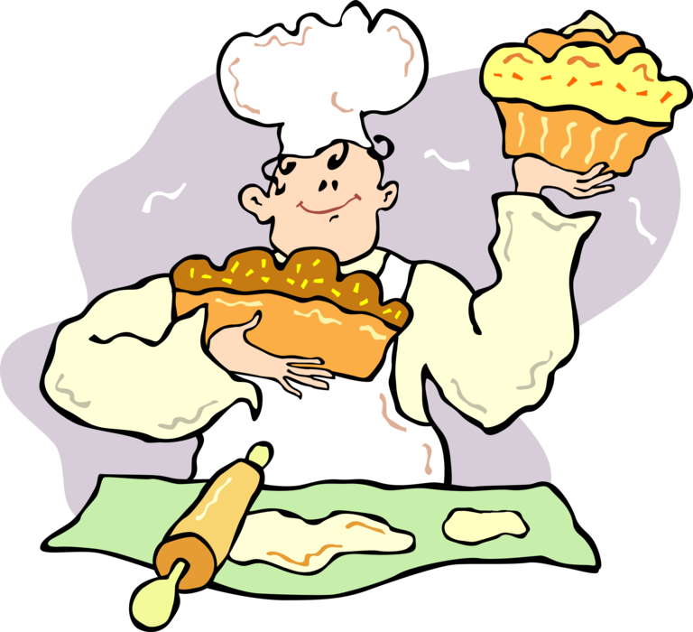 Vector Illustration of Baker in Bakery with Rolling Pin, Dough, Pie and Cake 