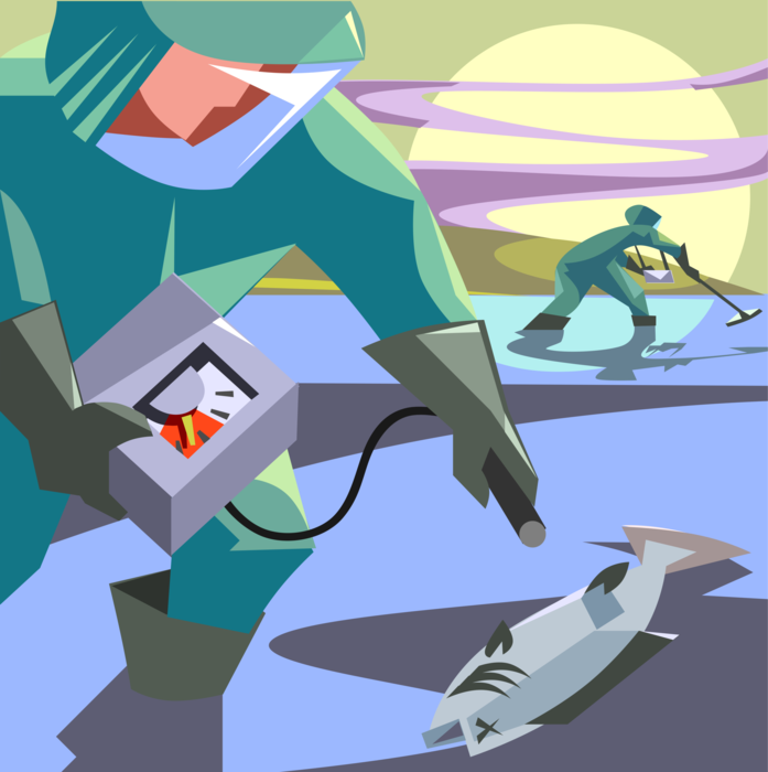 Vector Illustration of Nuclear Energy Power Plant Release Radioactive Water Killing Local Fish in Streams