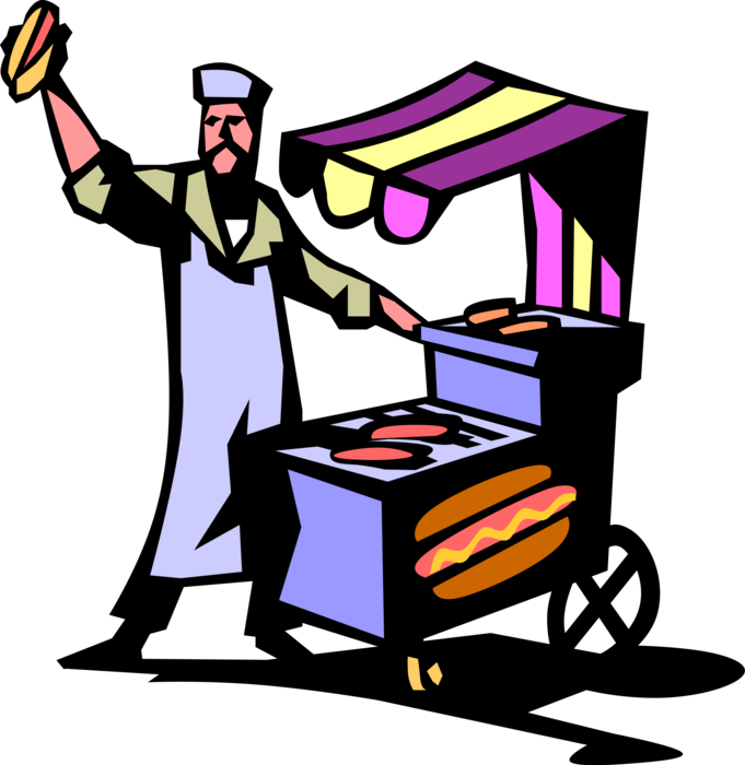 Vector Illustration of Street Vendor Sells Cooked Hot Dogs or Hotdog Frankfurter Sausages Street Food on Bun