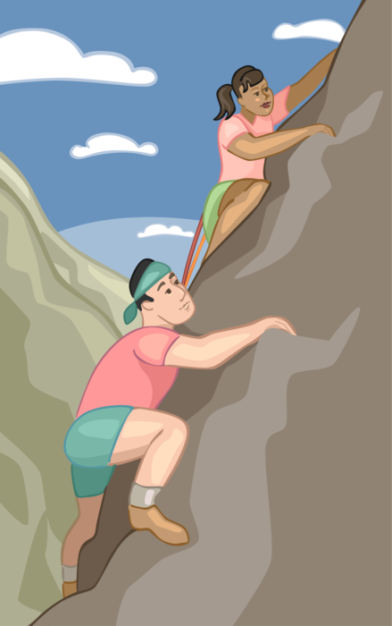 Vector Illustration of Rock Climbers Climbing Steep Mountain