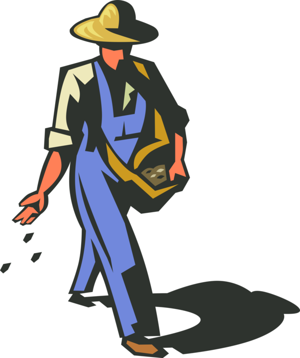 Vector Illustration of Farmer Sowing or Planting Seeds in Farm Field