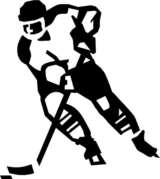 Vector Illustration of Sport of Ice Hockey Player Skating with Hockey Stick and Puck
