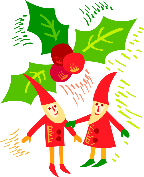 Vector Illustration of Santa's Elves with Traditional Christmas Holly