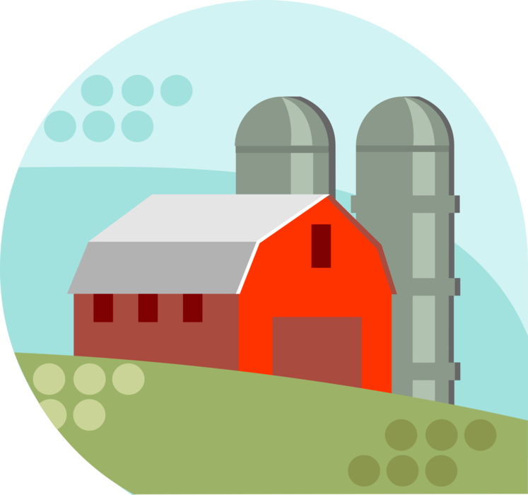 Vector Illustration of Farming Operation Farm Barn with Grain Storage Silos and Pasture