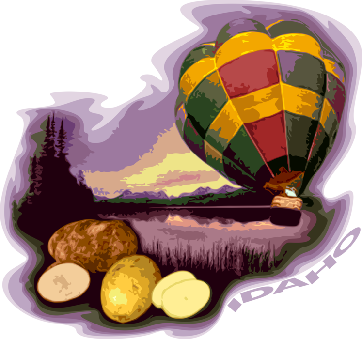 Vector Illustration of Idaho Potatoes with Hot Air Balloon and Rock Mountains