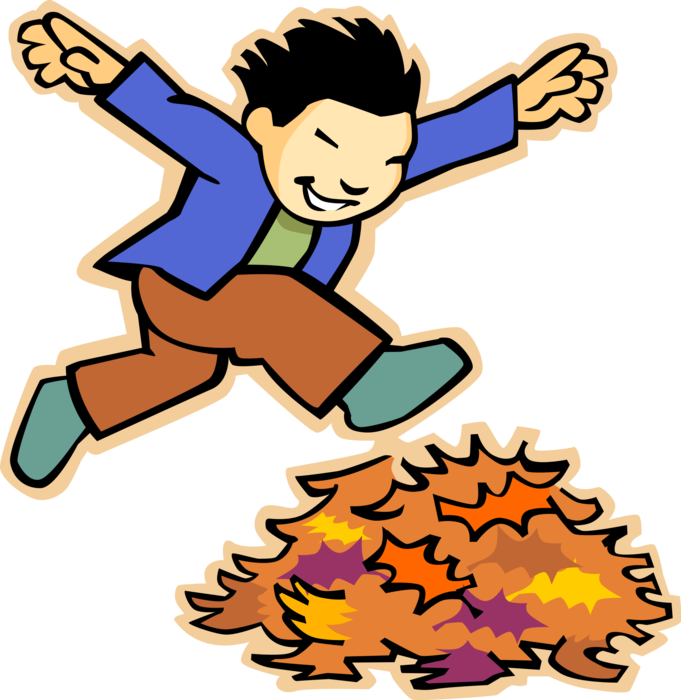 Vector Illustration of Primary or Elementary School Student Boy Jumping Through Pile of Autumn Fall Leaves