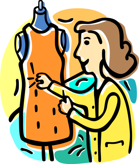 Vector Illustration of Fashion Industry Designer Dressmaker Seamstress Designs Clothing with Fabric and Dress Form