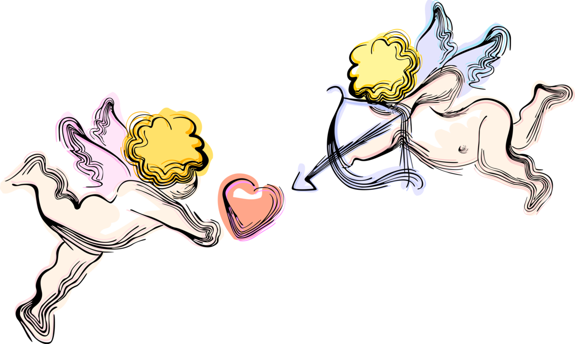 Vector Illustration of Cupid God of Desire and Erotic Love with Archery Bow and Arrow Love Heart