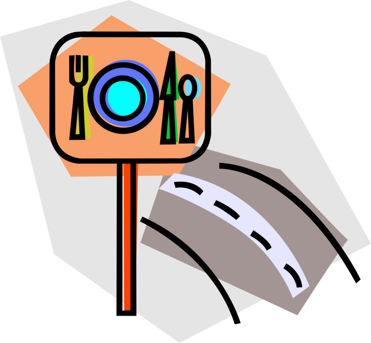 Vector Illustration of Highway Travel Road Sign Indicates Restaurant Food Services
