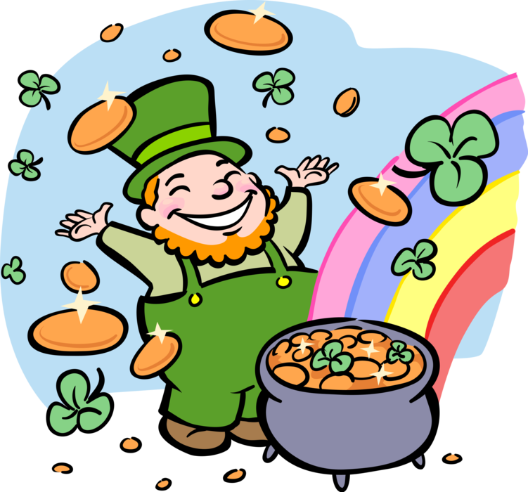 Vector Illustration of St Patrick's Day Irish Leprechaun with Pot of Gold, Shamrocks, and Rainbow