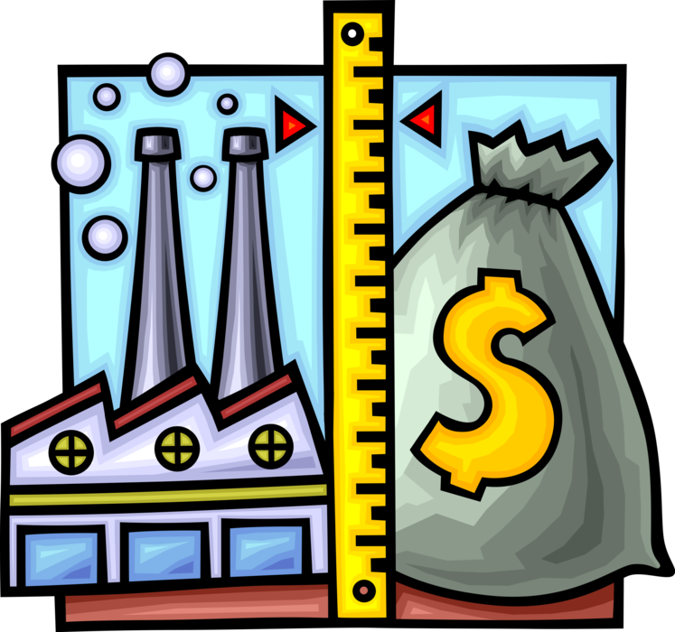 Vector Illustration of Measuring Industrial Manufacturing Costs with Factory and Money Bag