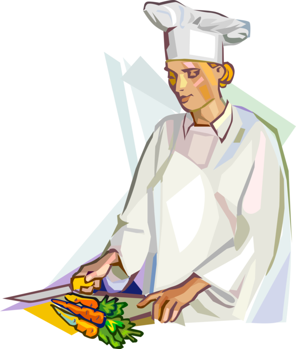 Vector Illustration of Culinary Cuisine Restaurant Chef in Restaurant Kitchen Cuts Raw Vegetable Carrots with Knife