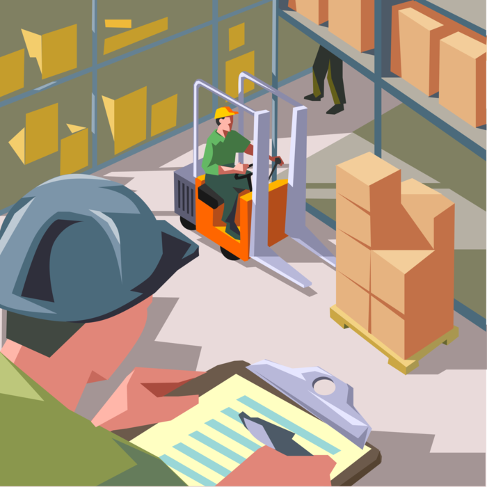 Vector Illustration of Industrial Factory Warehouse Worker Lifts and Moves Boxes with Forklift