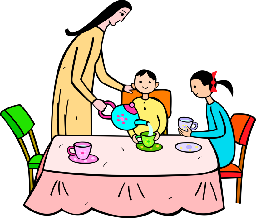 Vector Illustration of Family Served Tea at Dinner Table