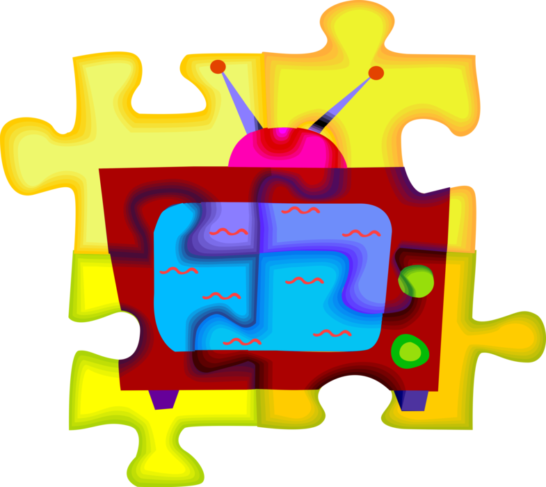 Vector Illustration of Television or TV Telecommunication Medium Overlaid on Jigsaw Puzzle Pieces